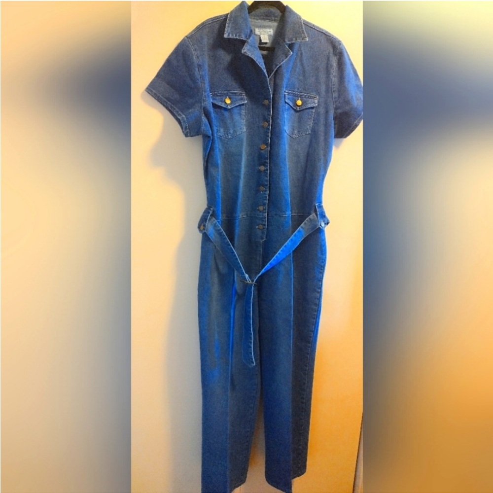 Blue Denim Overalls with Fabric Belt and Full-Length Pants